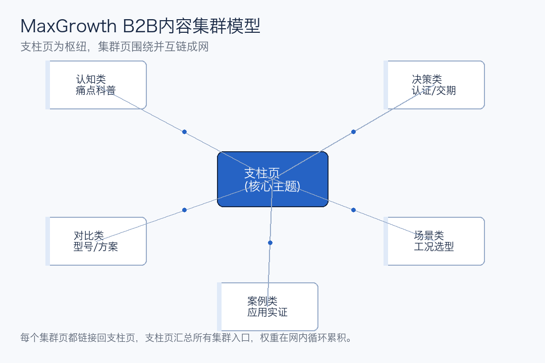 B2B内容集群模型：支柱页与集群页互链成网